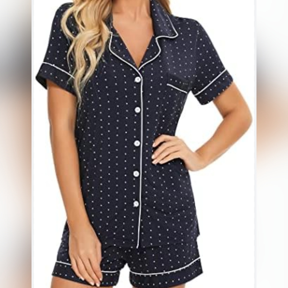 Women's TikTik short sleeve navy polkadot pajama top and shorts sleepwear